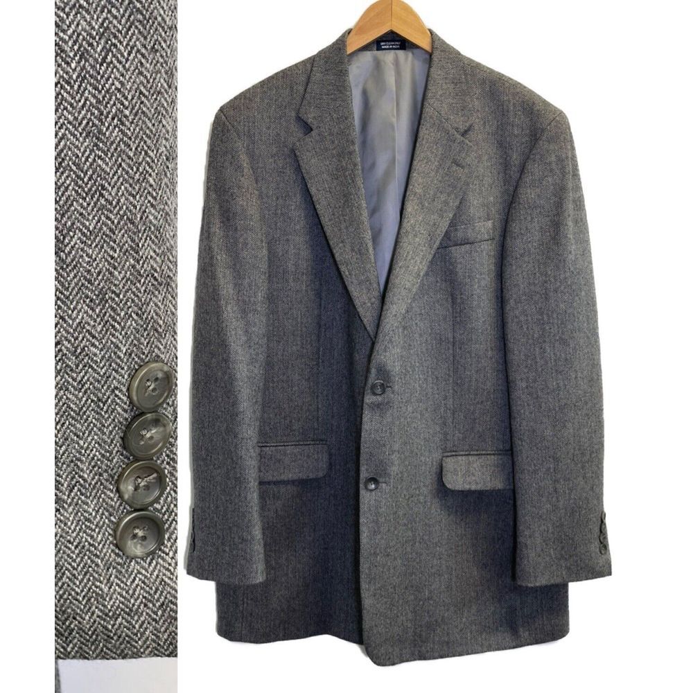 Meeting Street Men's 44L Grey Lambswool Sport Coat‎ Blazer Herringbone Jacket